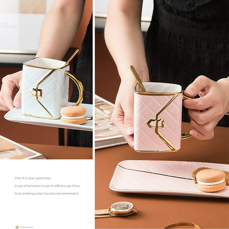 Asiasioc Purse Mug Bag Shaped Ceramic Cup Coffees Mug Cup Set Design Drawing Gold Handbag Style Mug with Spoon Business Gift Tea Mugs (White)