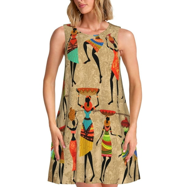 Fotbe Dancing African Women Vestido de Verano sin Mangas para Mujer – Vestido Midi Línea A, Estilo Camiseta Floral, Vestido Playero Casual y Fluido