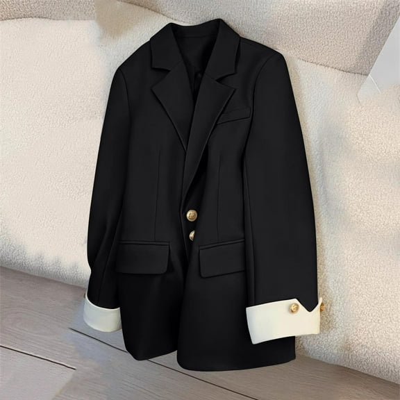 BADHUB Womens Single Breasted Long Sleeve Blazers Solid Stretch Blazer Coat Trendy Lined Jacket Notch Lapel Suit Jackets Black XXXL