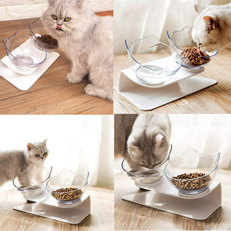 15°Elevated Cat Food Bowls with Silicone Pet Mat, Double Raised Cat Transparent Plastic Bowl with Stand, Stress-Free Suit for Cats and Small Dogs