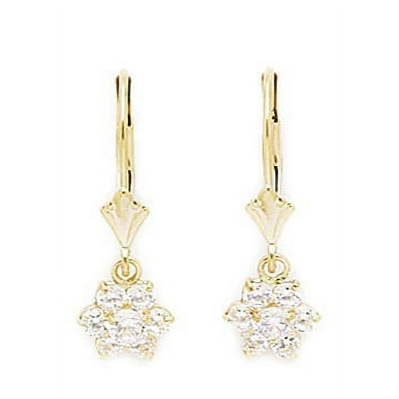 14k Yellow Gold April Clear CZ Flower Drop Leverback Earrings - Measures 23x8mm