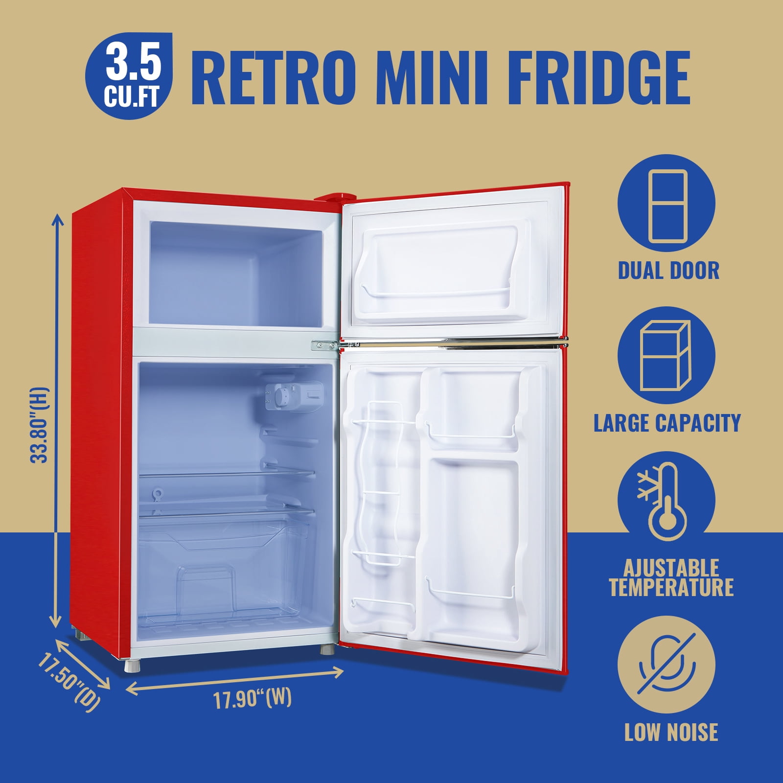 Tacool 3.5 Cu.ft Retro Mini Fridge with Freezer, 2 Door Small Refrigerator with 7 Adjustable Thermostat for Home, Red