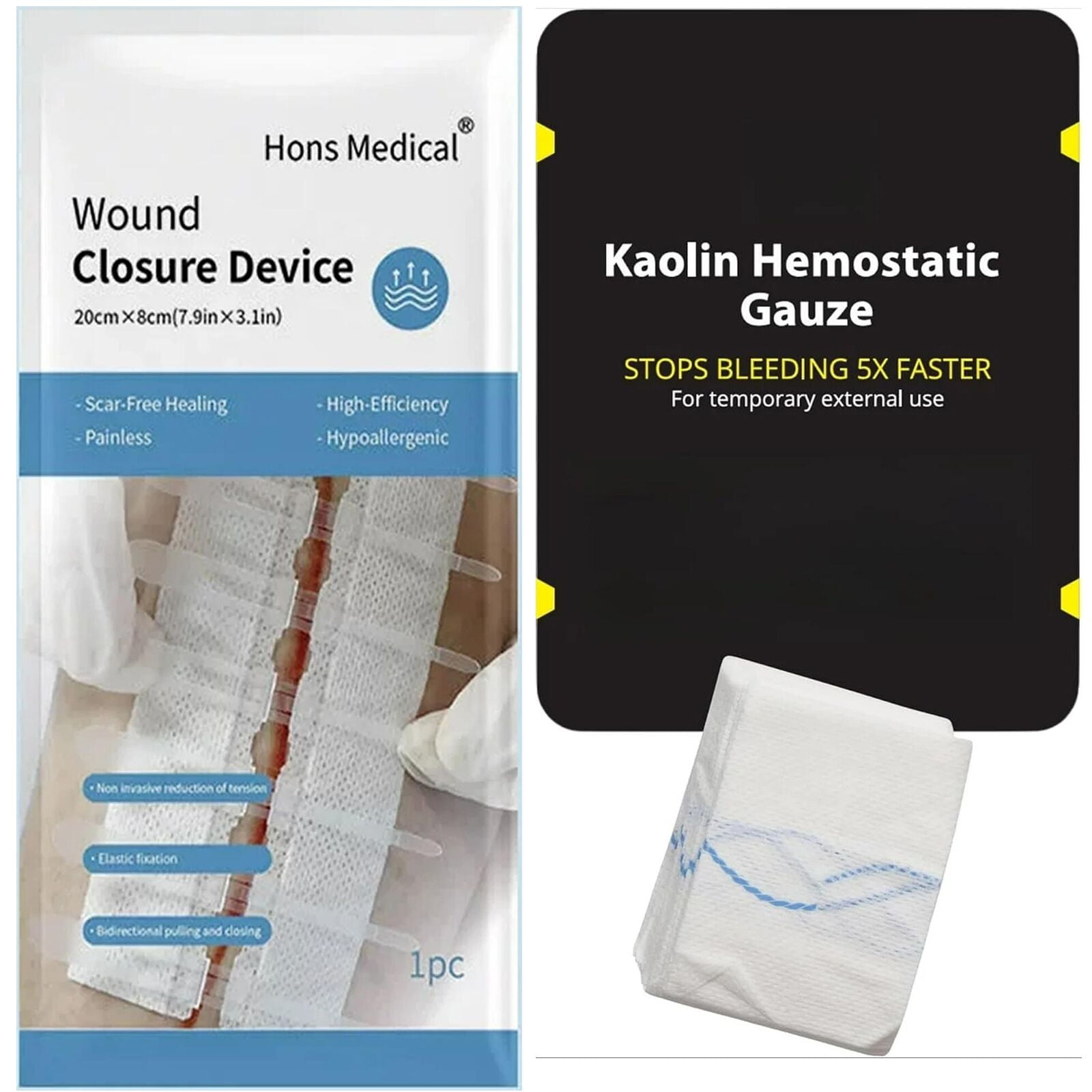 First Aid Advanced Quick Clotting Combat Hemostatic Gauze 3" x 12.5' - Emergency Zip Stitch Wound Closure Strips, Sutures Butterfly Bandaids, Surgical Laceration Repair Without Stiches