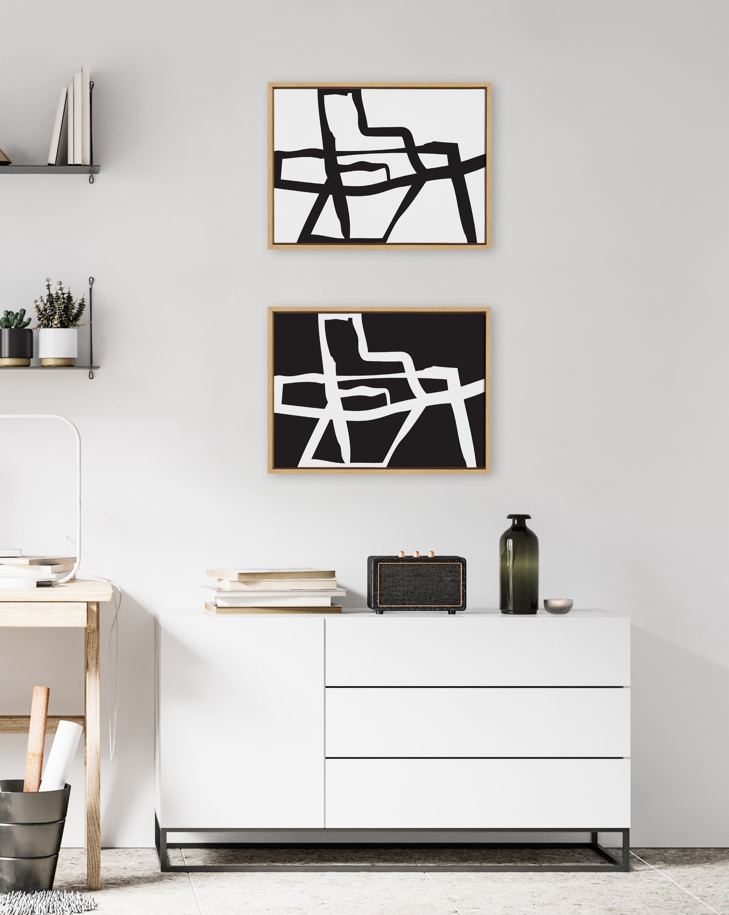 Kate and Laurel Sylvie Bold Sophisticated Abstract Black and White Stroke Framed Canvas Wall Art Set by The Creative Bunch Studio, 2 piece 18x24 Natural, Modern Striking Brushstroke Art Set for Wall