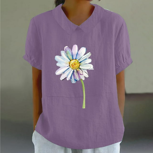 Blouses pour Femmes, T-Shirt Décontracté Imprimé Mode Manches Courtes Col Poupée Mignon Coton et Lin Blouse