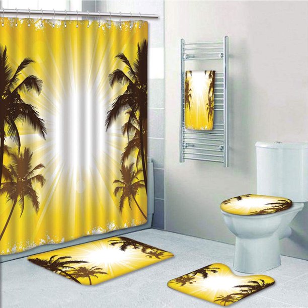 PRTAU Holiday A Sunny Tropical Place with Palm Trees 5 Piece Bathroom Set Shower Curtain Bath