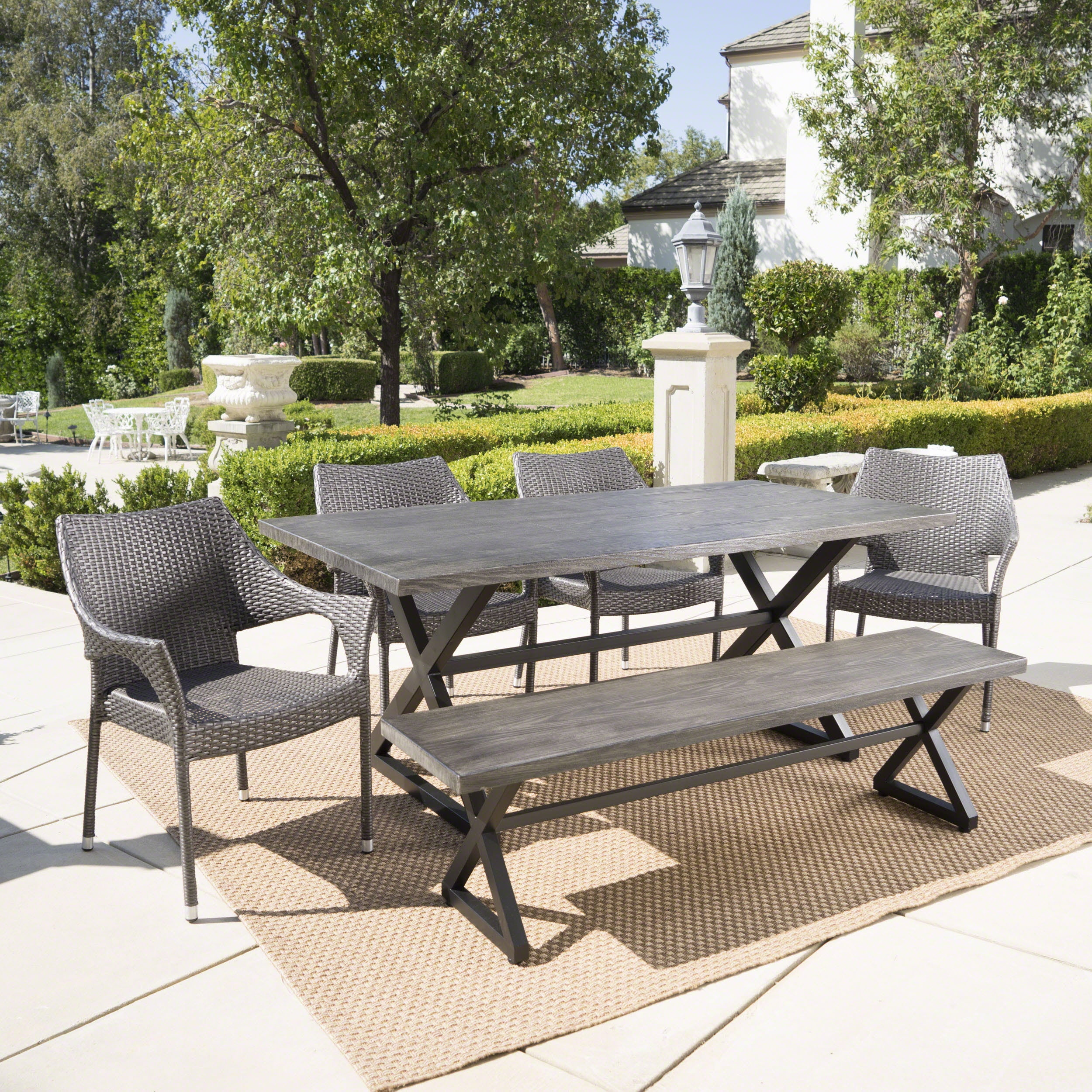 Christiano Outdoor 6 Piece Aluminum Dining Set with Bench and Wicker  Stacking Chairs, Grey, Black