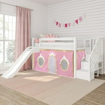 Low Bunk With Stairs, Easy Slide & Light Pink & Gold Princess Curtain, White