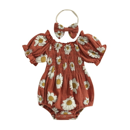 

Shuttle tree 2pcs Infant Baby Girls Romper Headband 0-24M Ruffles Short Sleeve Off Shoulder Flowers Printed Jumpsuit Clothes
