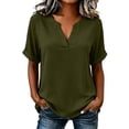 thumbnail image 2 of ClodeEU Women's V Neck Cuffed Short Sleeve Blouse,Solid Casual Loose Summer Top Army Green,Women's Plus L, 2 of 7