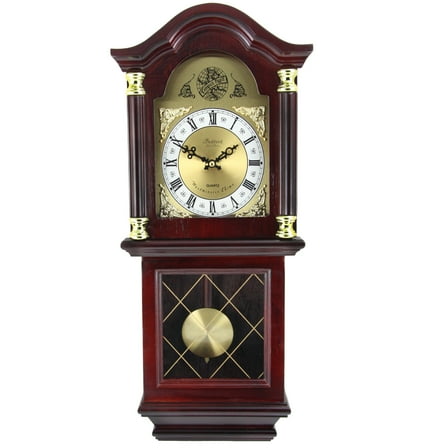Bedford Clock Collection 26" Antique Mahogany Cherry Oak Chiming Wall Clock with Roman Numerals