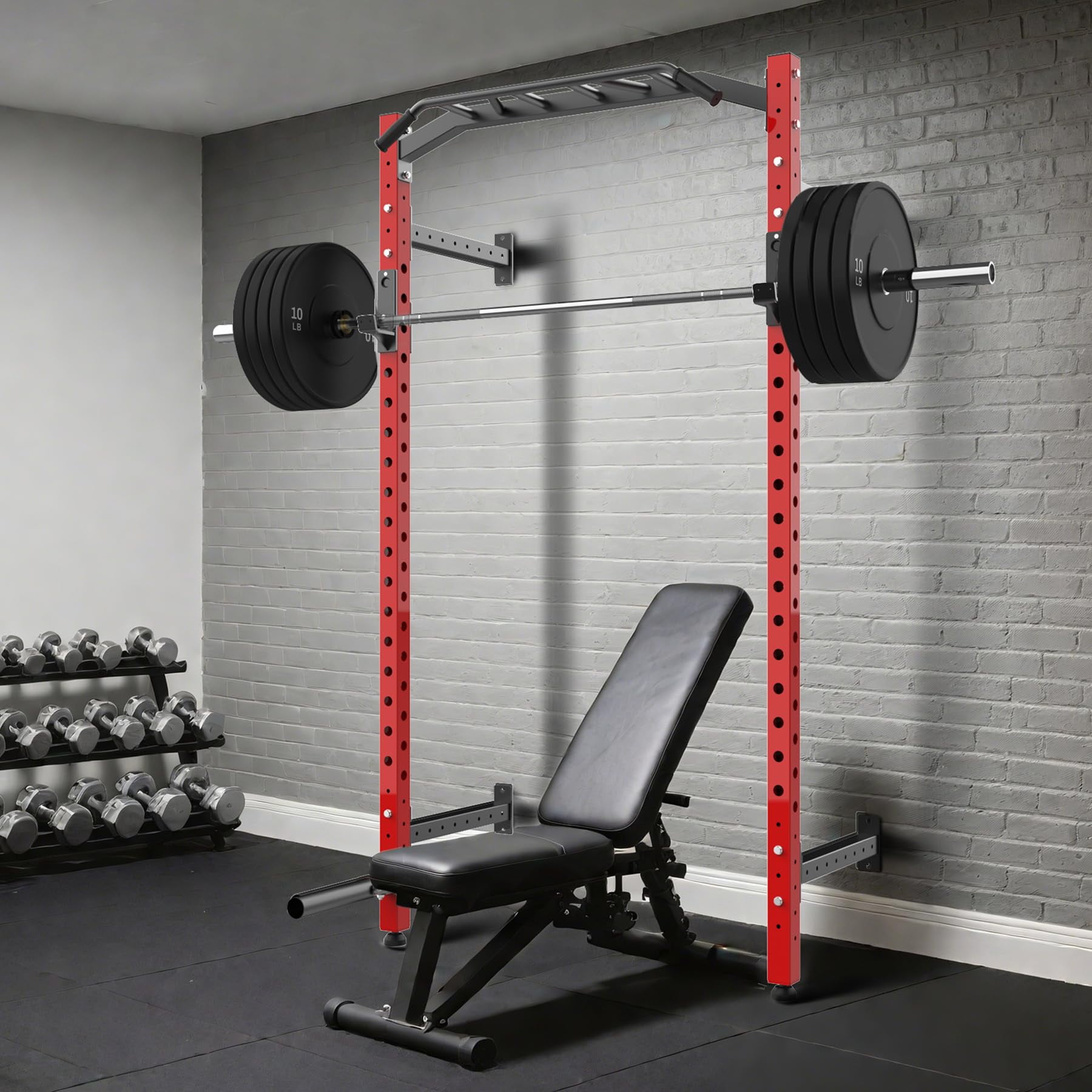 Ataucjin Wall Mounted Power Rack,Multi-Function Power Cage for Strength Training,1600LB Commercial Squat Rack for Home Gym with Multi-Grip Pull Up Bar,J-Cups & Landmine Attachment for Home and Garage