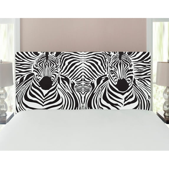 Zebra Print Headboard, Illustration Pattern Zebras Skins Background Blended over Zebra Body Heads, Upholstered Decorative Metal Bed Headboard with Memory Foam, Full Size, Black White, by Ambesonne