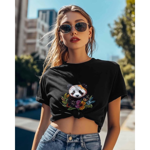 Camisetas para mujer, camiseta de flores de panda, camiseta holgada de manga corta, camisetas casuales de cuello redondo para mujer, camisetas para adolescentes