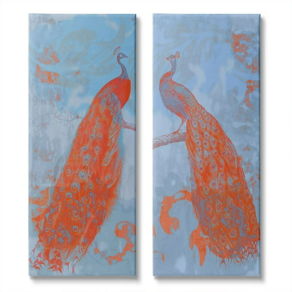 Stupell Industries Elegant Peacock Feathers Forest Bird Blue Orange Canvas Wall Art Design by Jennifer Goldberger, 2 Piece, 13" x 30"