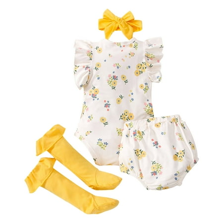 

Baby Girls Clothing Sets Flower Printed O-Neck Ruffle Sleeve Romper Bodysuit Shorts And Shorts Stockings Headband Outfits Clothes Lovely Holiday Sports Fashion Sets