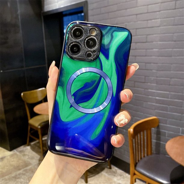 Funda de teléfono magnética Blue Deep Sea para iPhone, 14 Plus, 12, 13 Pro Max, funda de silicona brillante a prueba de golpes, funda estética, moda zhangmengya LED