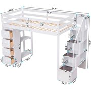 Twin Size Loft Bed with Storage Drawers and Shelves - White
