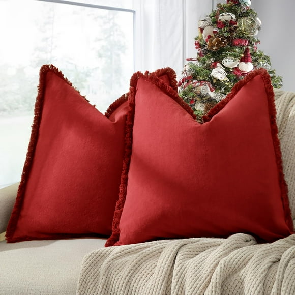 Fundas de almohada navideñas ZWJD, juego de 2 cojines de 18 x 18 con flecos, elegantes fundas de cojín cuadradas decorativas de algodón para sofá, sofá, cama, sala de estar, granja, decoración bohemio