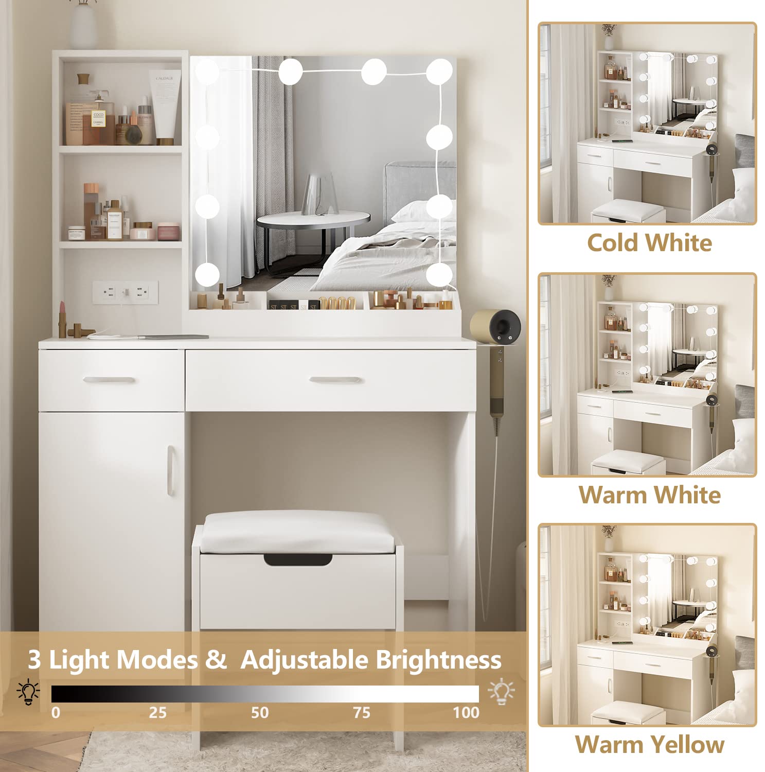Veanerwood Makeup Vanity Desk with Lighted Mirror, White photo 7