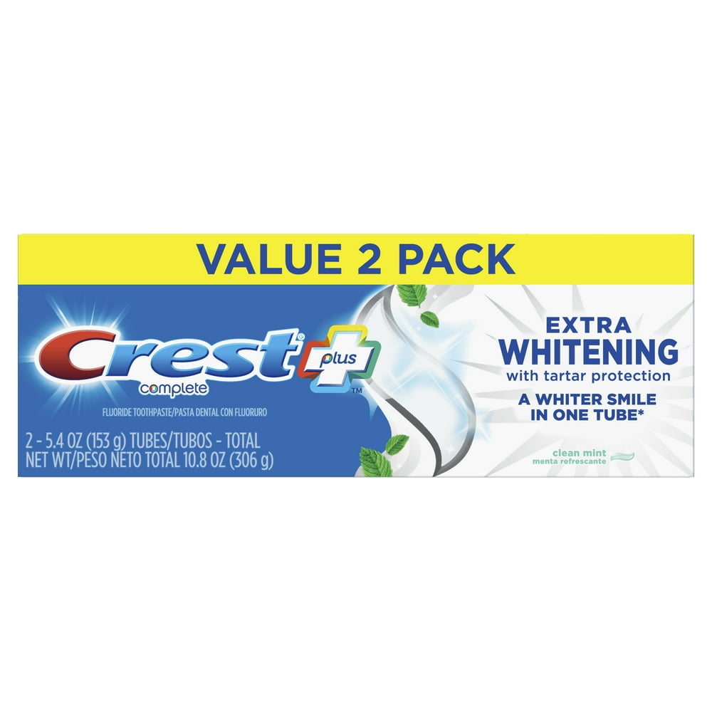 Crest Plus Extra Whitening Complete Toothpaste, Mint, 5.4 oz, 2 Pack