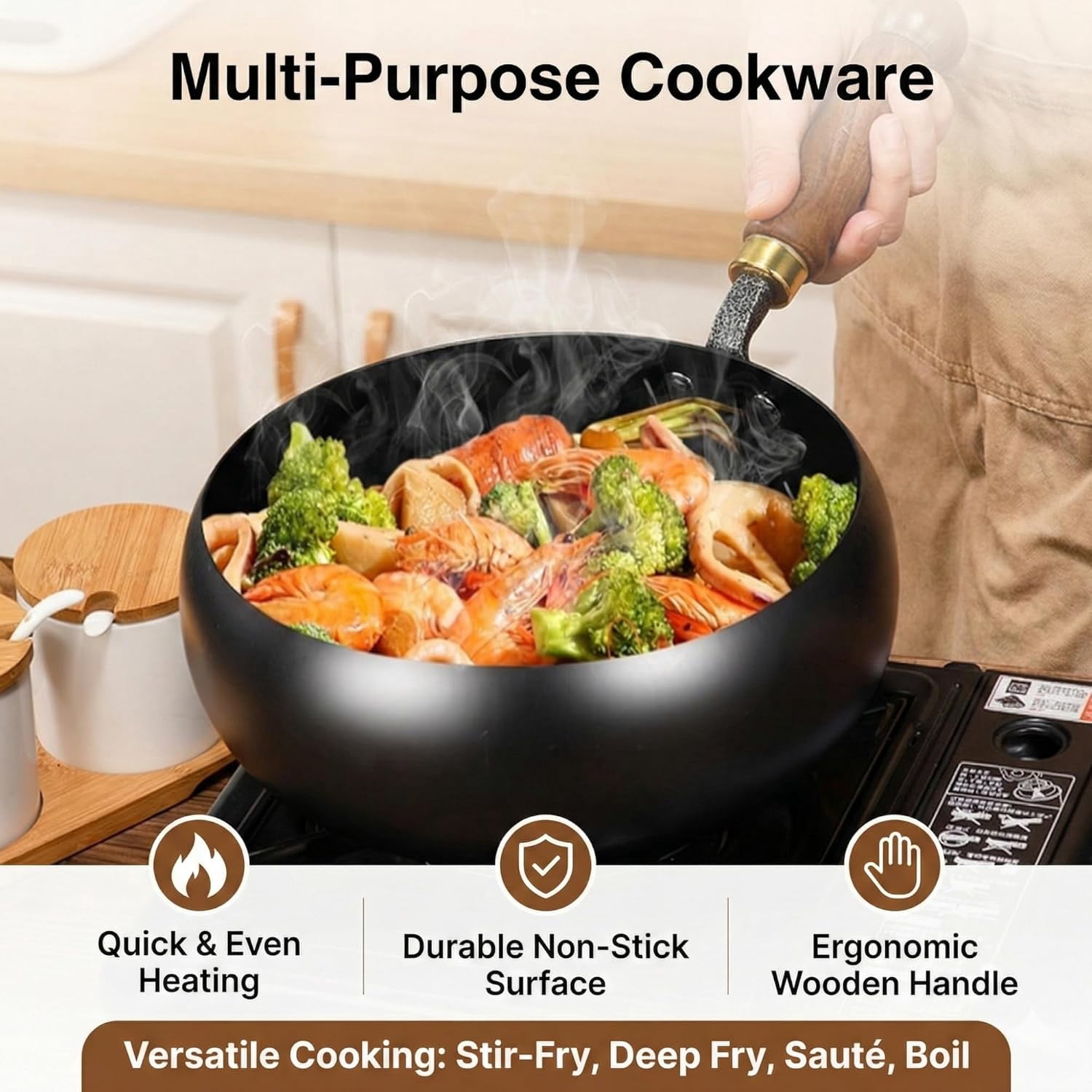 Japanese Cast Iron Wok Pan - Uncoated Healthy Cooking Pot with Lid, Hand Hammered Non Stick Frying Pans Made in Japan (Hand-Hammered + Glass Lid,7.9'')