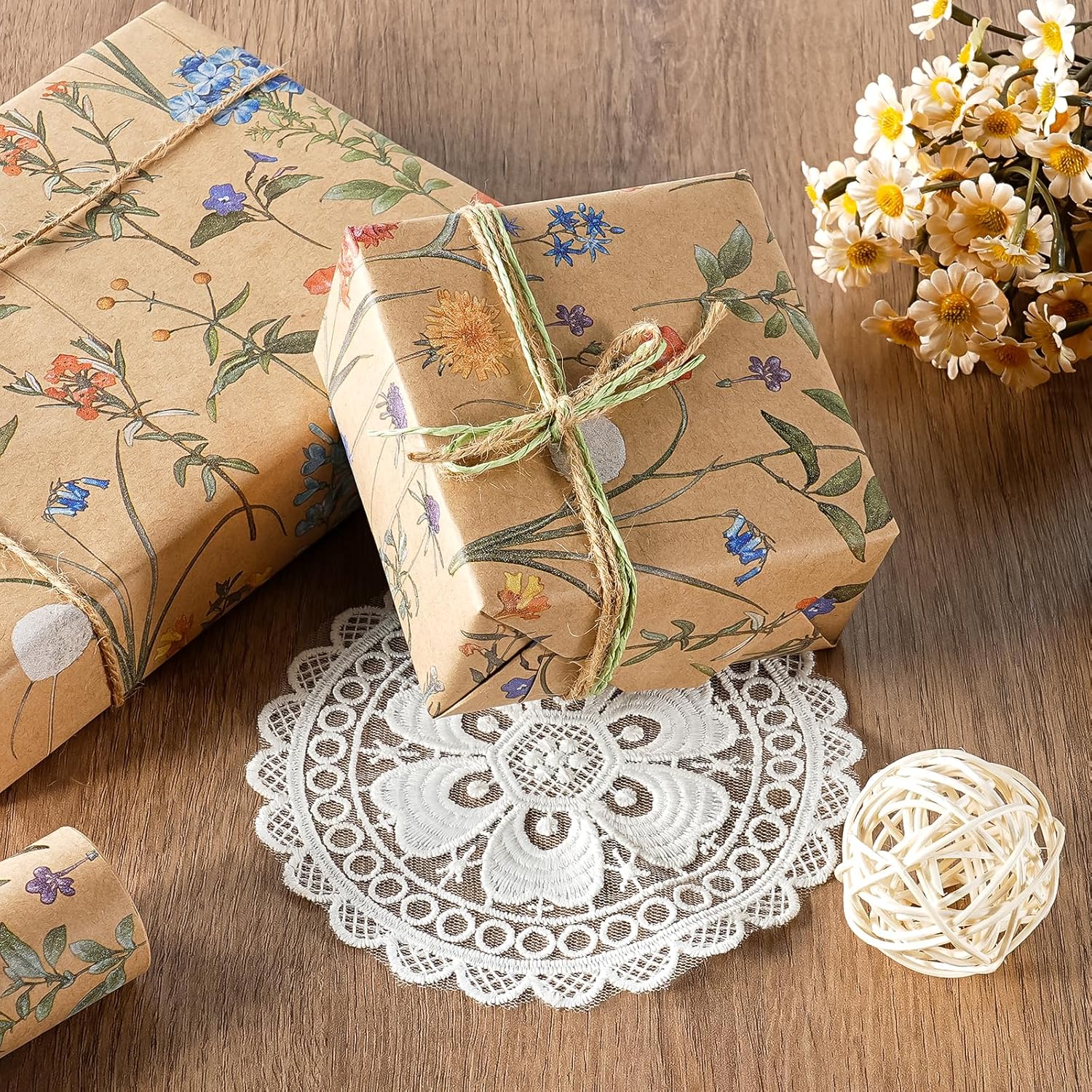 AllWays Plaza 30 Inch Kraft Floral Wrapping Paper Roll - 30 Inch x 33 Feet - Wildflower Wrapping Paper Perfect for Girls Women Birthday, Wedding, Bridal Shower