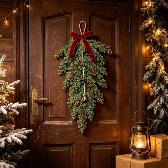 Christmas Velvet Bow Door Hanging with Pine Needle Decoration – Christmas Teardrop Swag with Bells,Festive Ornament for Front Door, Wall, Mantel, and Indoor Holiday