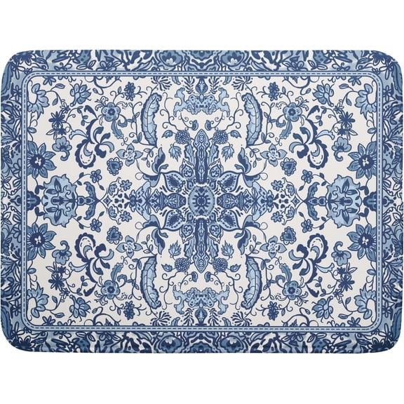 Chinoiserie Floral Dish Drying Mat for Kitchen Counter Blue and White Flowers Pattern Dish Drying Pad 16”x18”Absorbent Reversible Seasonal Decor Dishes Drainer Pad Dish Dry Rack Mat