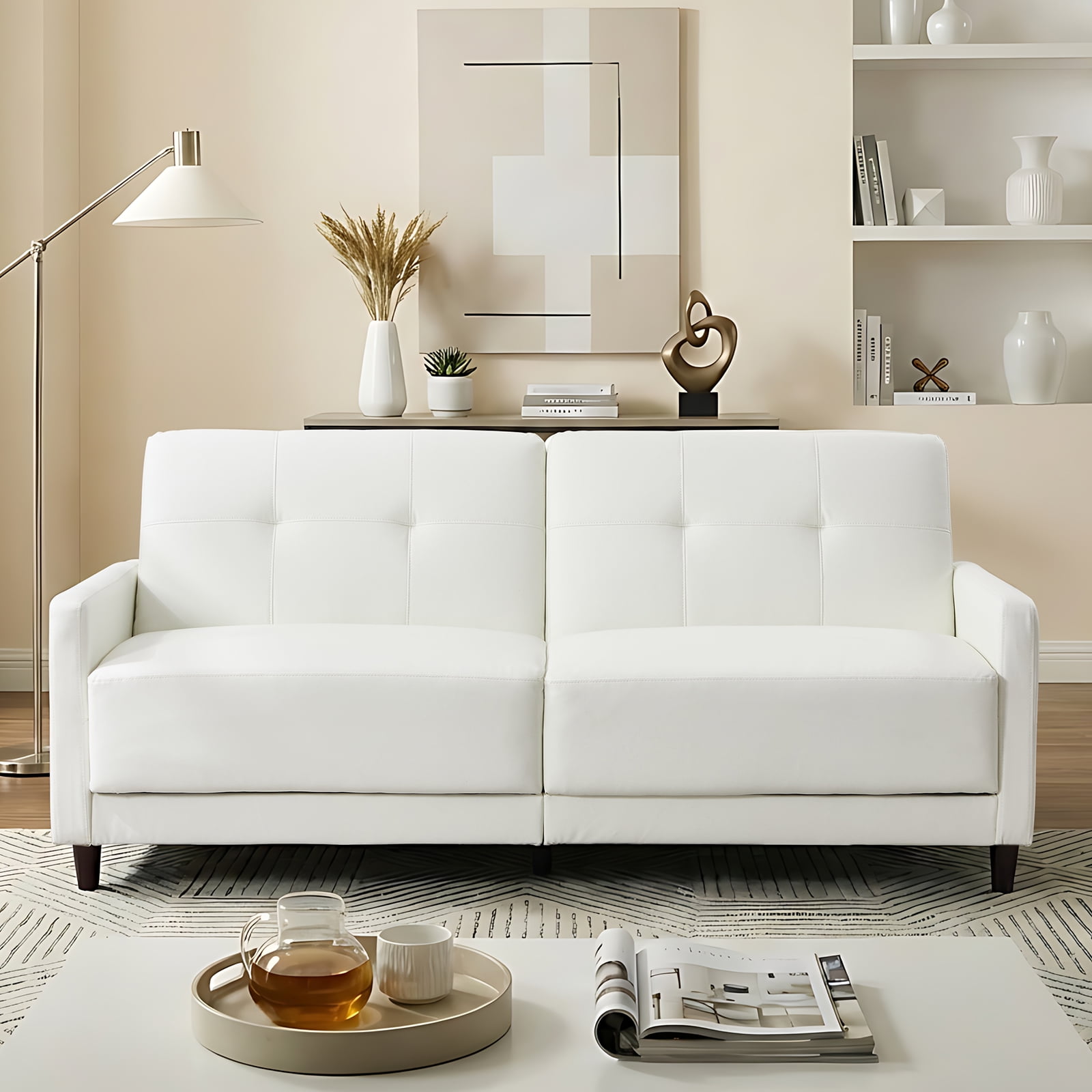 Ebello 76" Convertible Futon Sofa Bed, Mid Century Modern Faux Leather Loveseat Sofa Couch with Adjustable Backrest for Living Room & Office, White