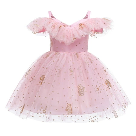 

KIMI BEAR Toddler Baby Girls Dresses 3T Girls Little Princess Style Clothes 4T Girls Crown Printed Sequin Mesh Dress Pink