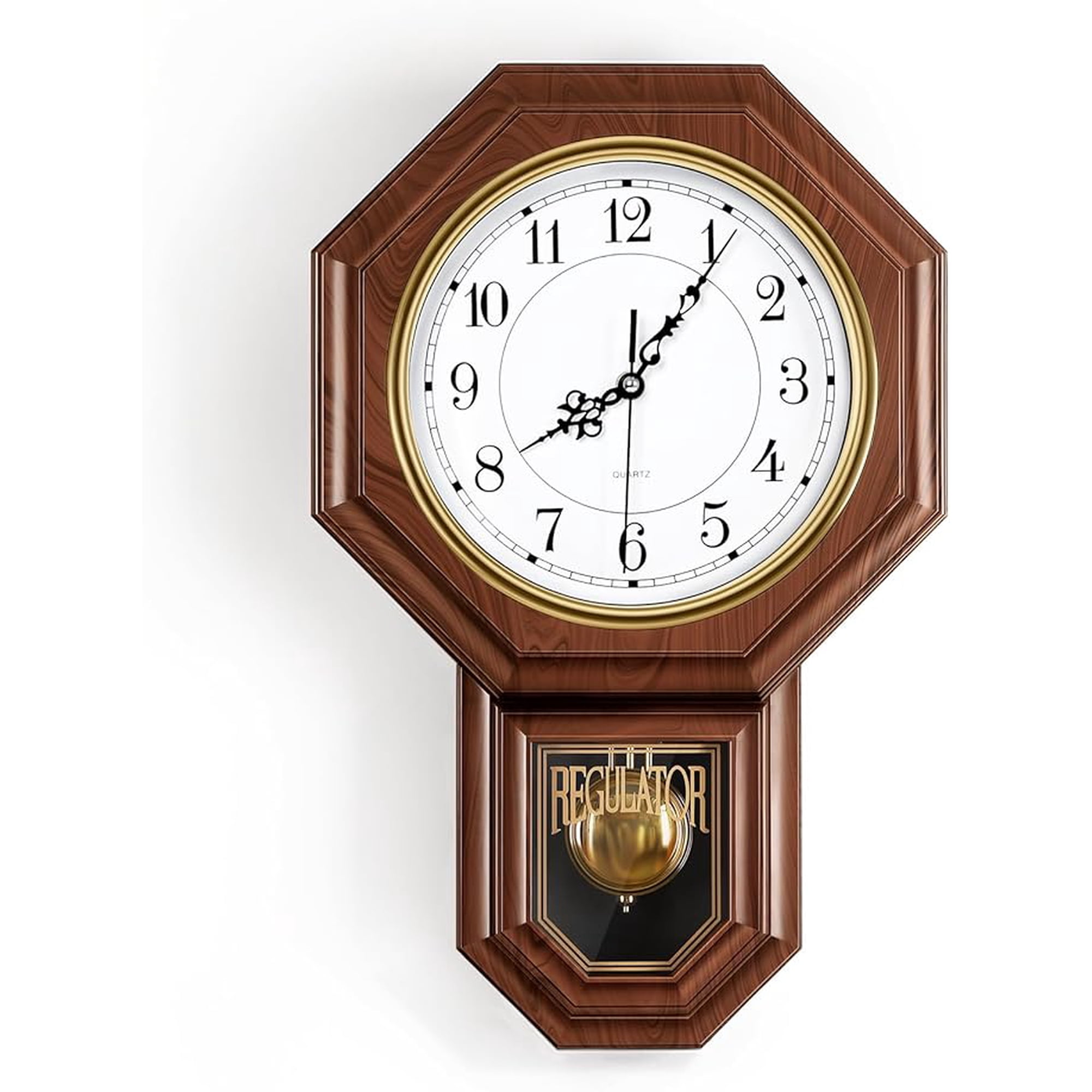 Vintage Pendulum Wall Clock, Wood-Looking Plastic, Battery Operated, Brown