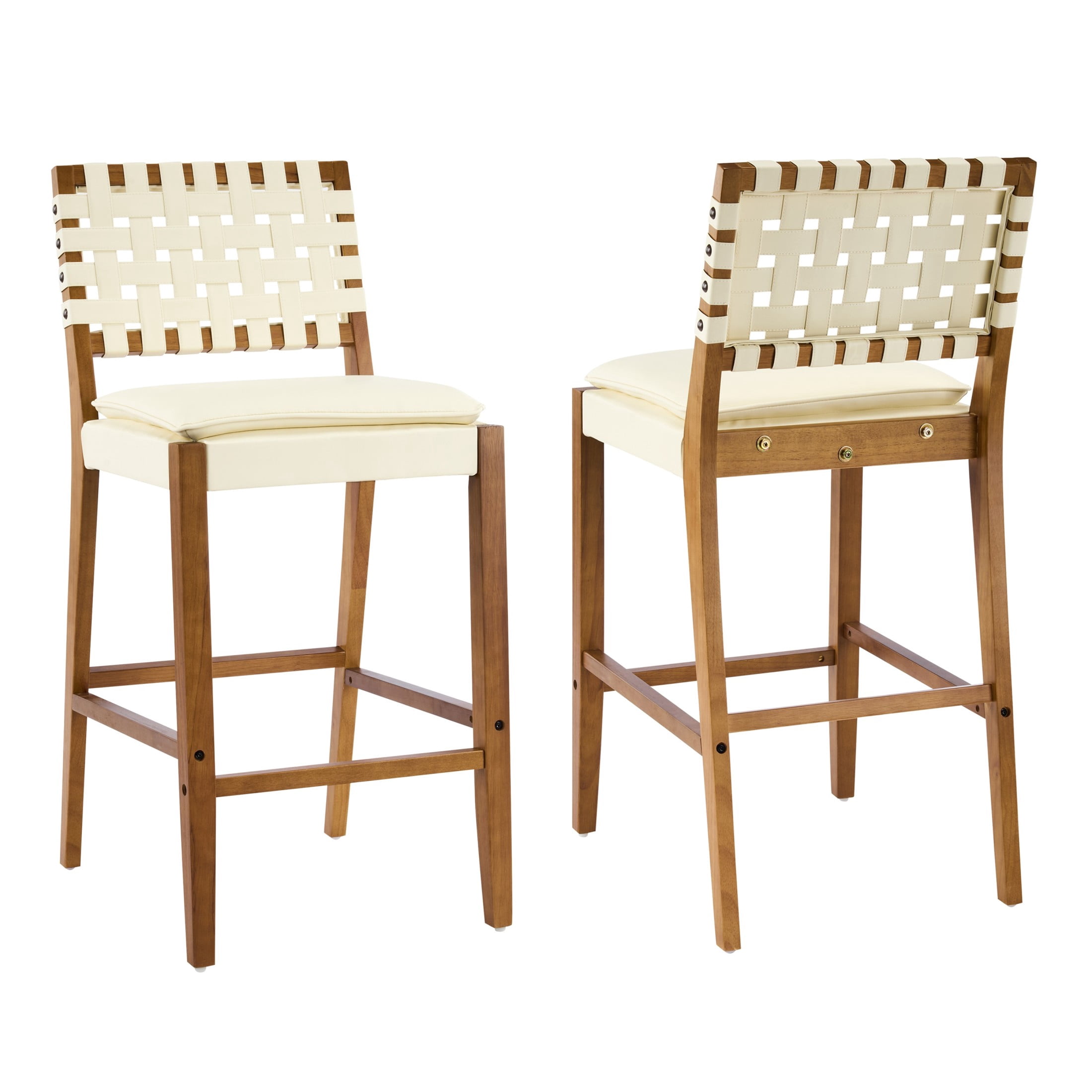 Christopher Knight Home Rustic PU Upholstered Barstools, Rivet Accents, Solid Wood Frame, Cream White, Set of 2