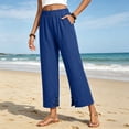 thumbnail image 5 of Linen Pants for Women Petite Wide Leg Baggy Elastic Waist Flowy Palazzo Casual Pants with Pockets Beach Travel Trousers Pull On Blue M, 5 of 6
