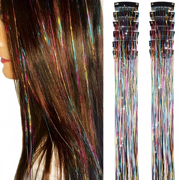 TUWAFE Rainbow Hair Tinsel Pack of 12 Pcs Clip in Hair Tinsel 20 Inch Glitter Tinsel Hair Extensions, Festival Tinsel Fairy Hair Extension Party Dazzle Hair Accessories Strands Kit (12Pcs,Rainbow#)