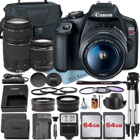 Canon EOS Rebel T7 DSLR Camera with 18-55mm + 75-300mm Lens + 2 Pcs 64GB Memory Card + Case + Tripod + Telephoto + ZeeTech Accessory Bundle (International Version)