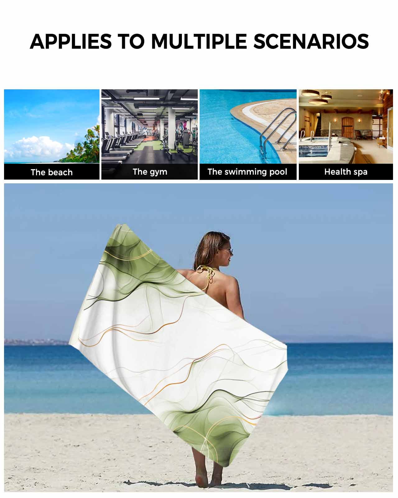 Marble Sage Green Bath Towels for Bathroom Set,Luxury Microfiber Towels Gifts for Women,Beach Kitchen Hand Hair Face Towel and Dish Washcloth,Gold White Modern Gradient Ocean Wavy Towels+Set