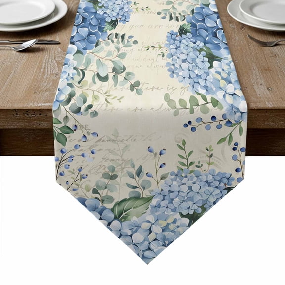 Flowers Leaves Table Runner Linen Burlap Table Runner 72 Inches Long Farmhouse Floral Blue Green Beige Dresser Scarves for Kitchen Island Coffee Dining Room Party Wedding Holiday Decoration 16"x72"