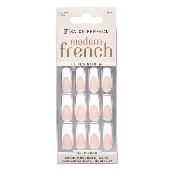 Salon Perfect Artificial Fake Press On Nails, 156 Modern French, Long Square, File, Glue, and Prep Pad, 30 Nails