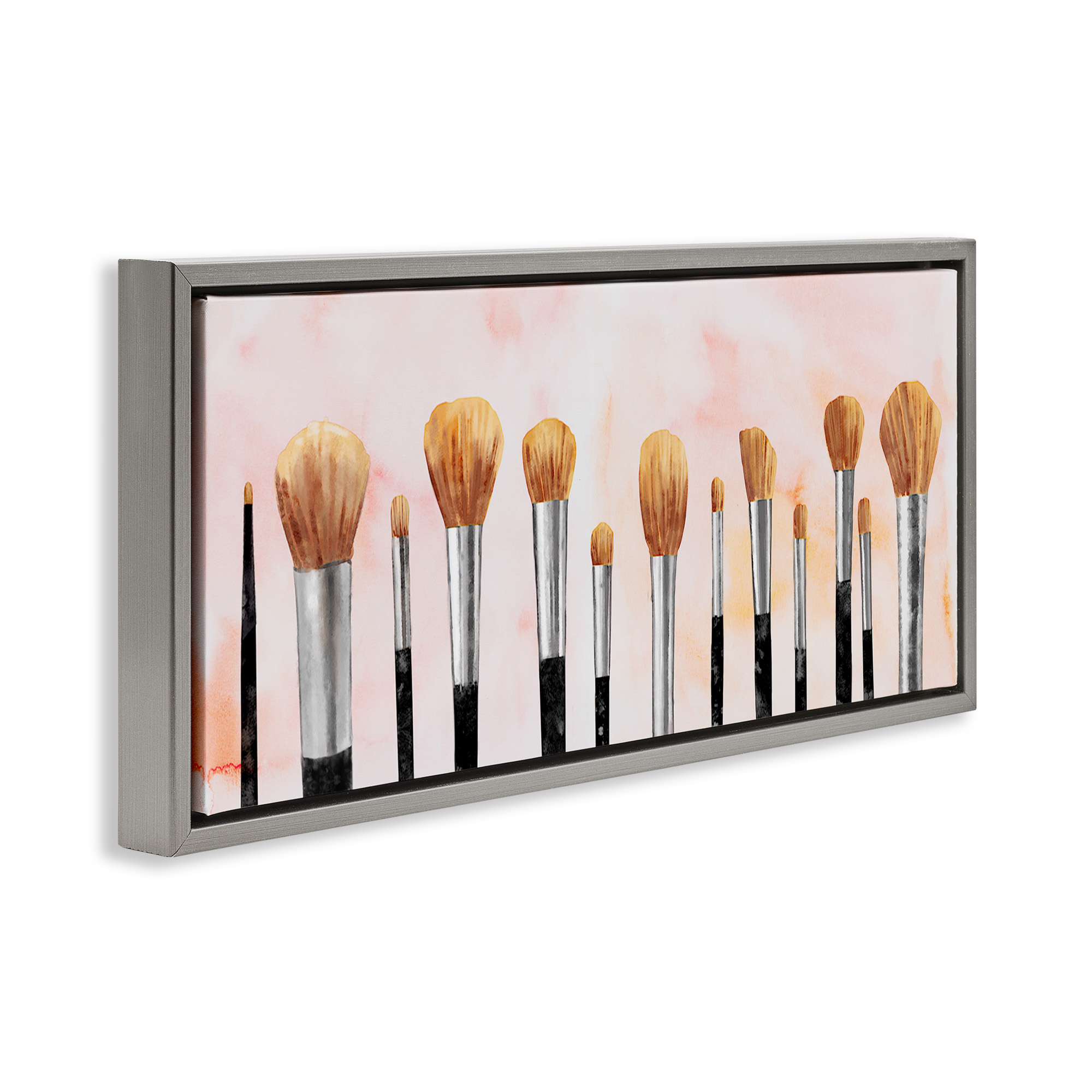 Stupell Industries Pink Makeup Brush Collection Beauty & Fashion Painting Gray Floater Framed Canvas Art Print Wall Art, 31 x 14