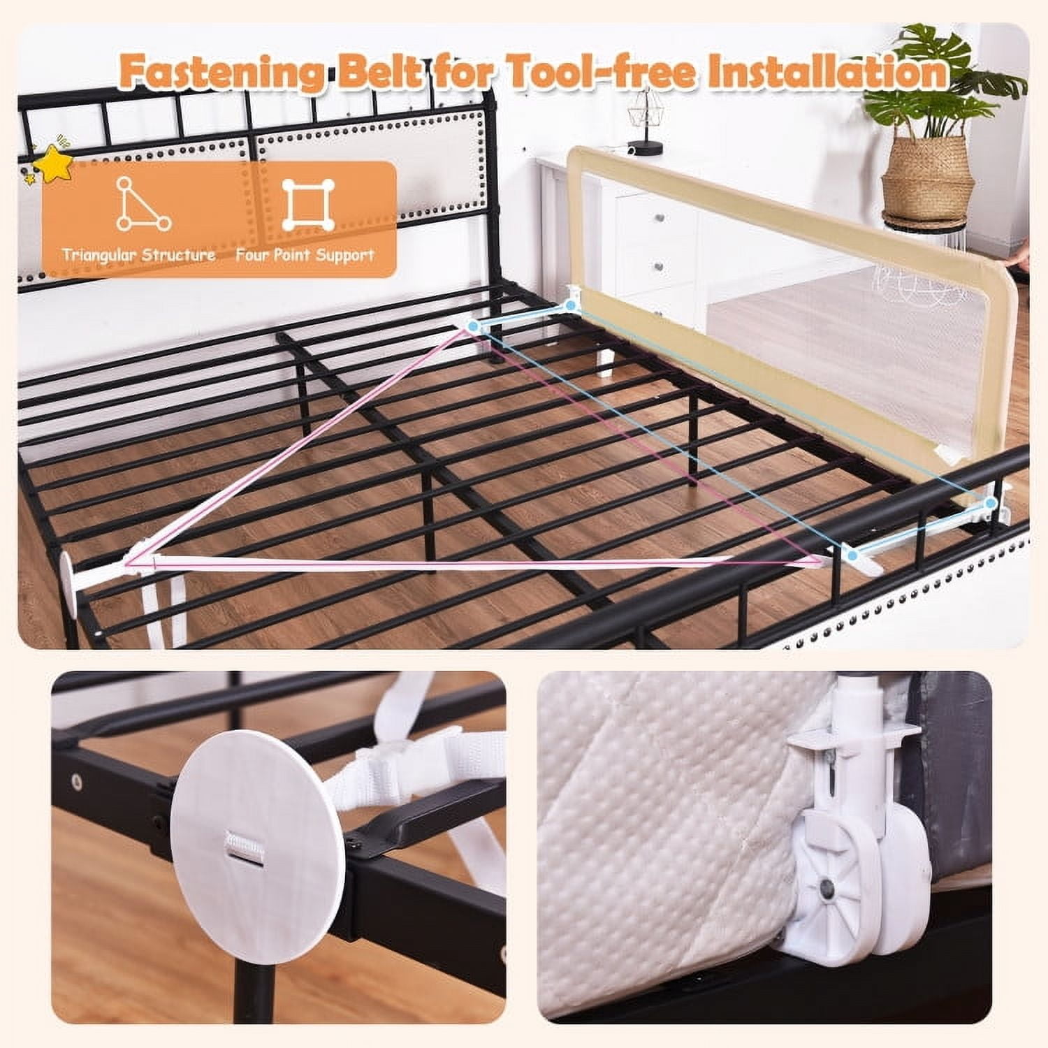 YYAo Bed Guard Rails,Bed Fence,Bed Gate for Baby,59 Inch Folding Breathable Baby Bed Rail Guard with Safety Strap-Beige