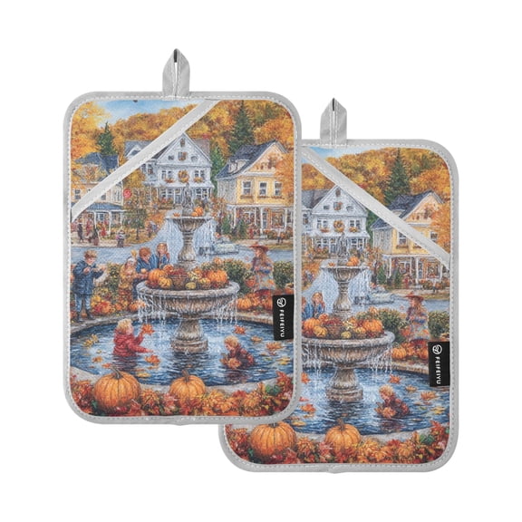 Fall Thanksgiving Town Oven Mitts Pot Holders 2 pcs Heat Resistant for Kitchen Baking Grilling