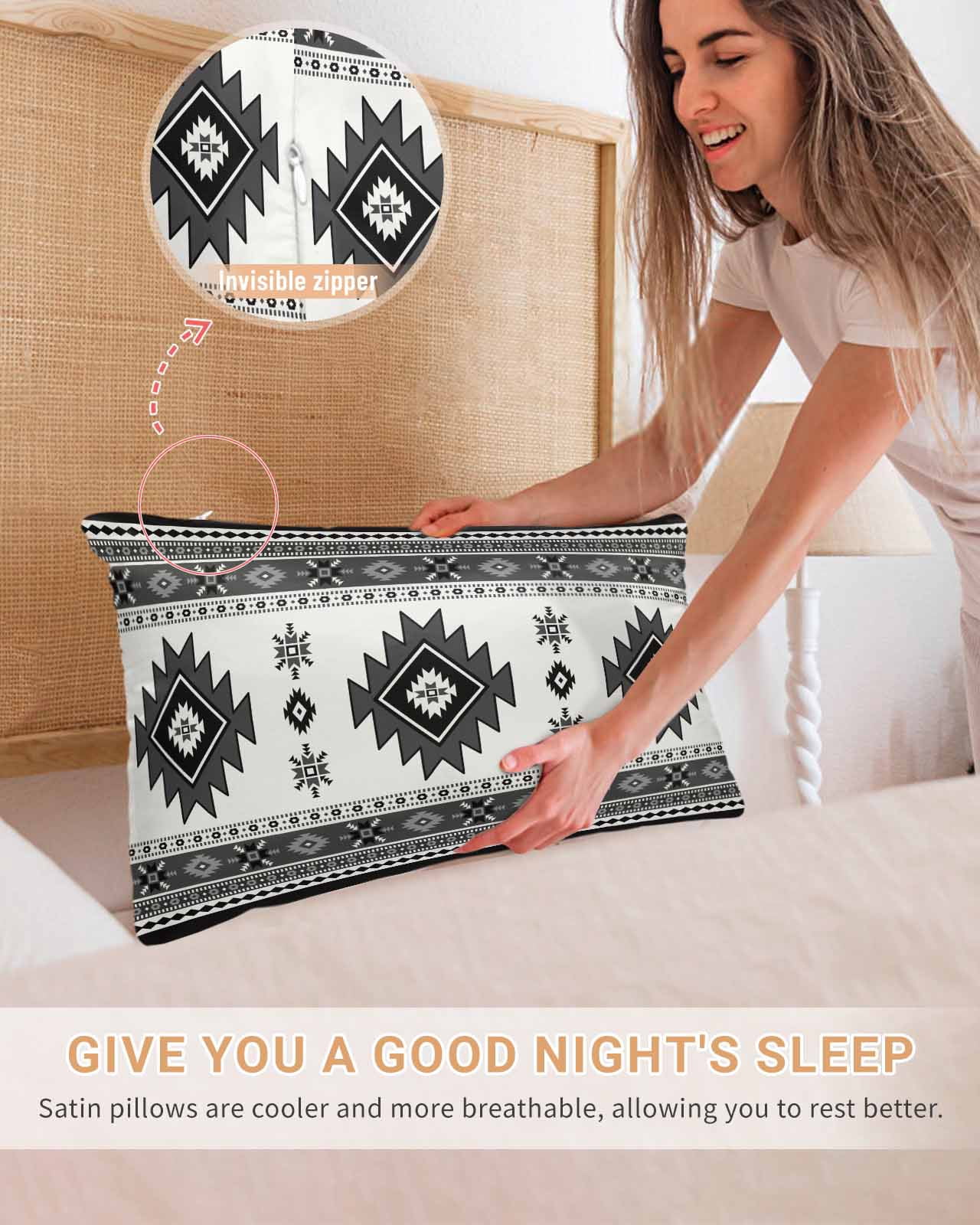 Gray Boho Pillow Cases Queen Size Set of 2, Smooth Satin Pillowcase for Hair and Skin, Southwest Aztec Country Geometric Aesthetic Decorative Cooling Bed Pillow Covers with Zipper, 20x30 Inches