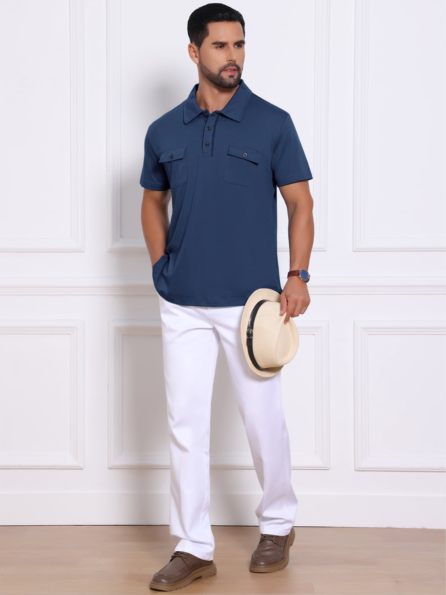 DARING DIVA Men's Collared Short Sleeve Double Chest Pockets Polo Shirt L Dark Blue