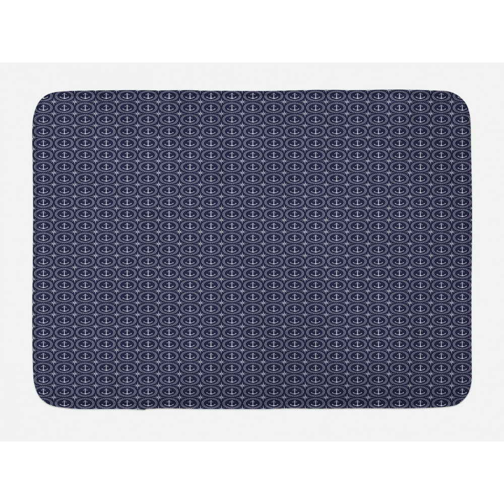 Navy Blue Bath Mat, Windrose Anchor Circular Rope Icon Nautical