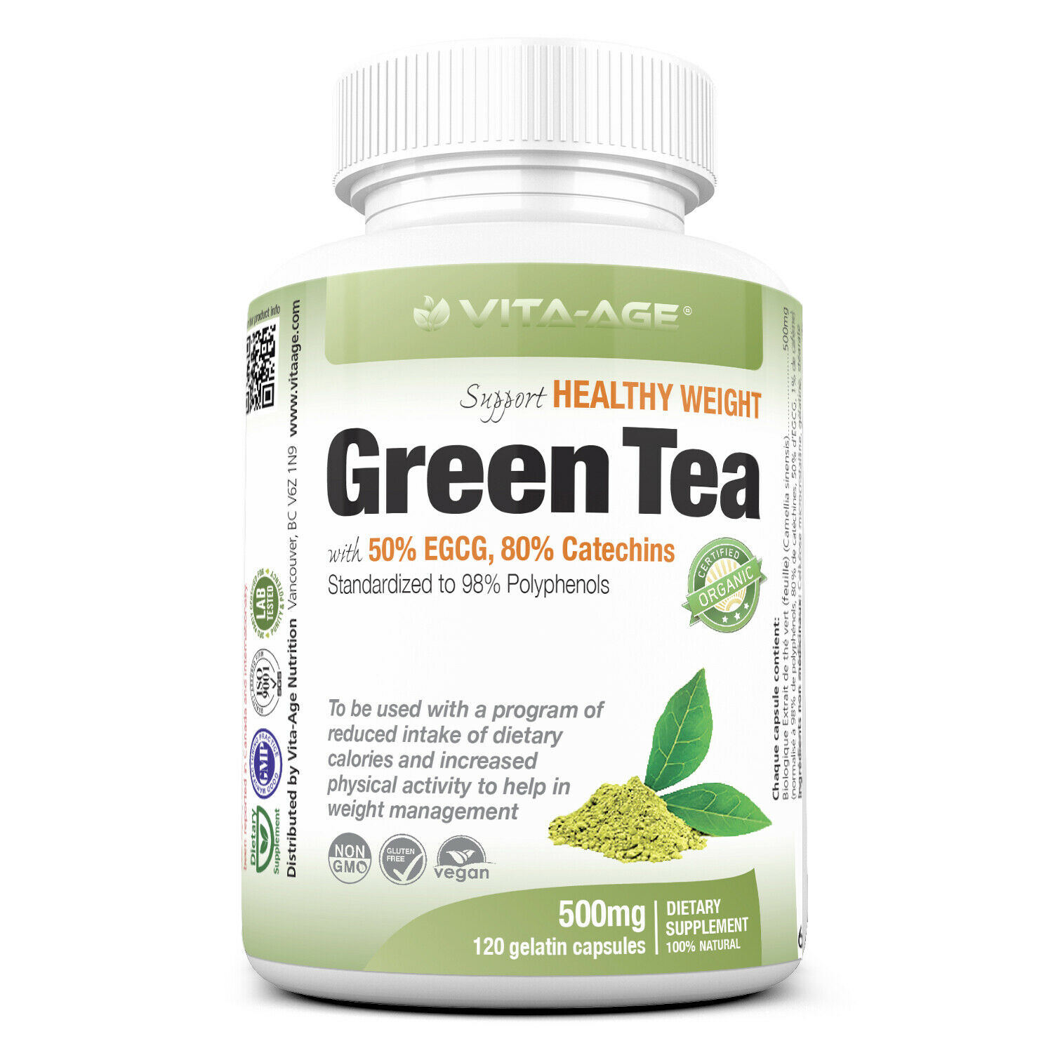 VitaAge Green Tea with 50 EGCG, 80 Catechins, 120 Gelatin capsules