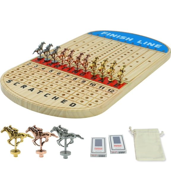 Horse Race Board Game Racing Game Thickened Pine with 11 Luxurious Durable Classic Metal Horses with 4 dice and 2 Boxes of Cards Across Finish Line Horse Racing Game