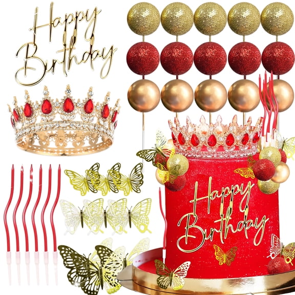 Royal Birthday Cake Decorations Set - Elegant Red Gold Crown & Ornaments for Celebration Parties