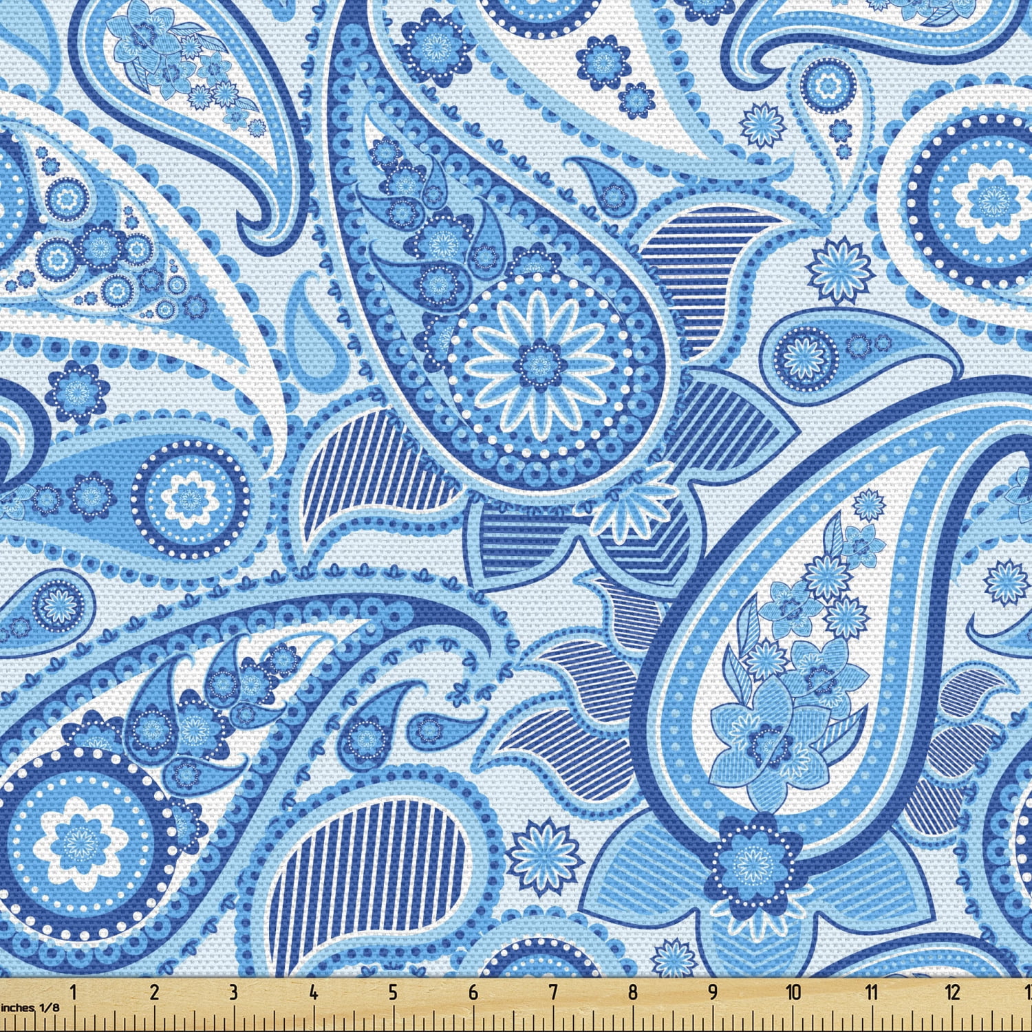 Blue Paisley Fabric by the Yard Upholstery Rhythmic Buta Elements with