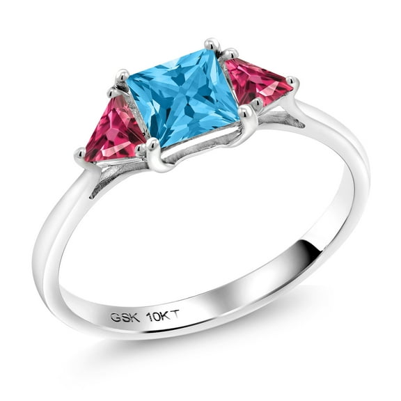Gem Stone King 10K White Gold Swiss Blue Topaz and Pink Tourmaline 3 Stone Engagement Ring for Women (1.12 Cttw, Gemstone November Birthstone, Princess Center 5MM, Trillion 3.5MM, Size 8)